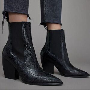 ALL SAINTS | RIA CROC EMBOSSED CHELSEA HEELED BOOT IN BLACK LEATHER SIZE 10